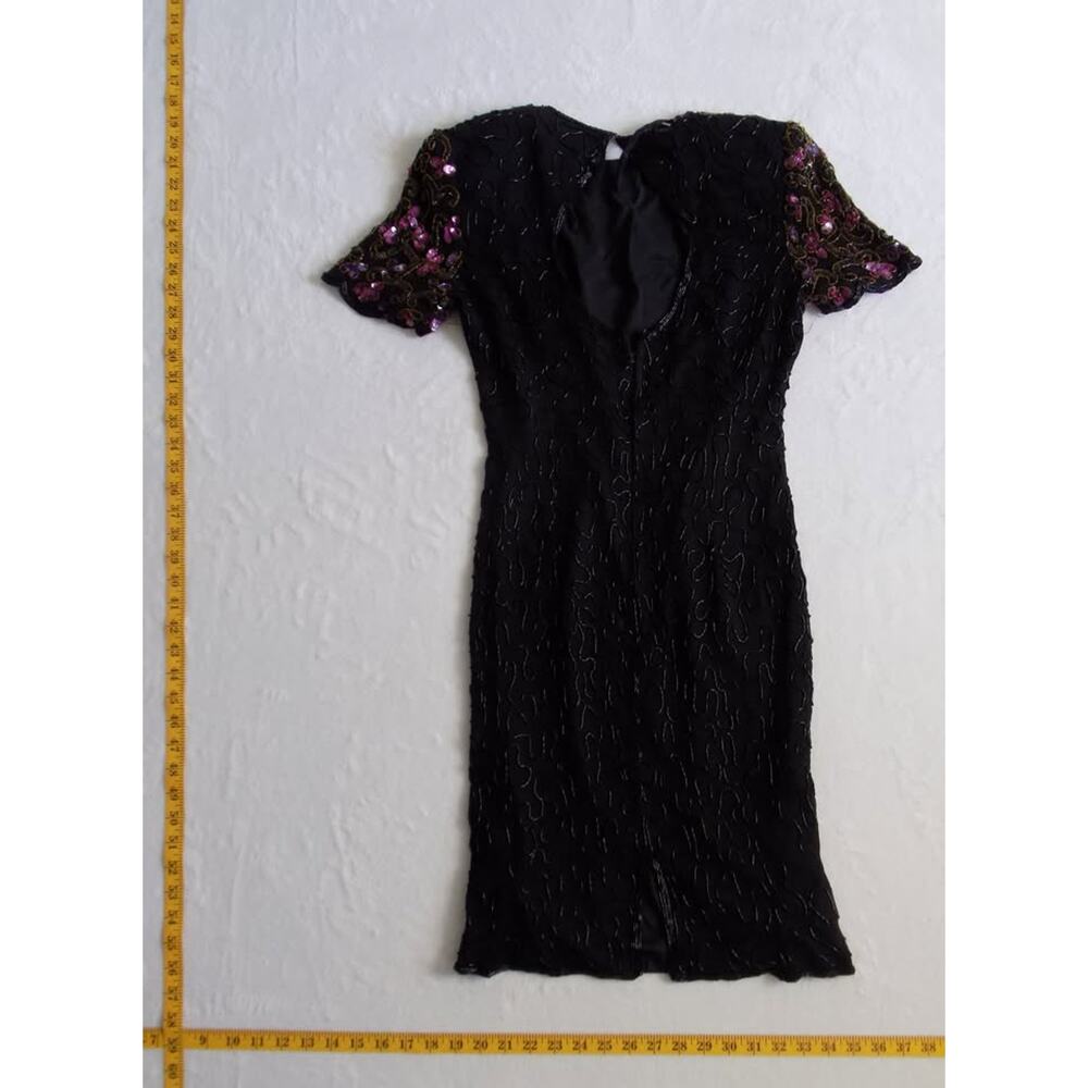 Vintage VTG AP LTD Floral Pattern Sequin Beaded Black Dress Size 6 Silk